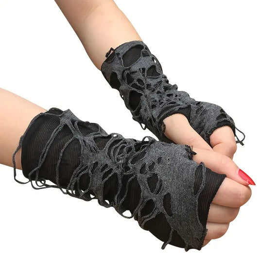 1 Pair Ripped Punk Fingerless Black & Gray Gloves